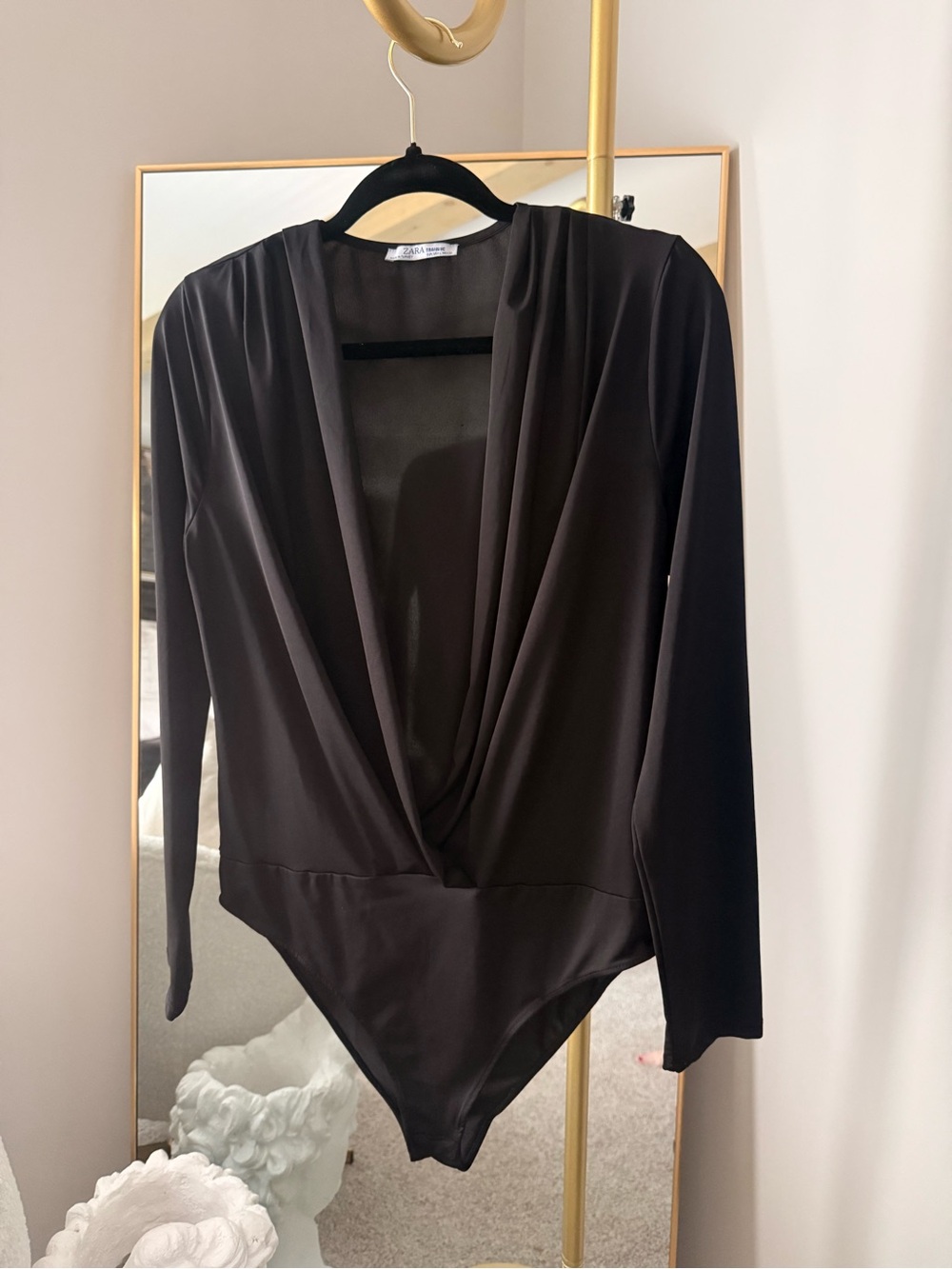 Zara Black Draped V-Neck Long Sleeve Bodysuit